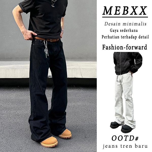 Celana Jeans Hitam Model Melebar Dengan Gaya Retro Amerika Yang Usang, Dan Potongan Kaki Lurus Yang 