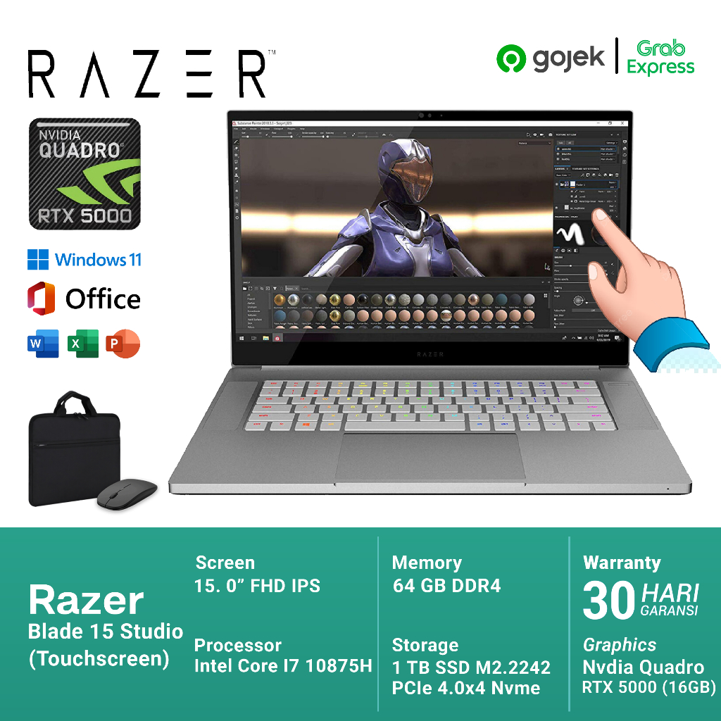 Blade 15 Studio 2020 I7 1087G7 Quadro RTX 5000 16GB 4K Touch 32GB/512SSD Free Tas dan Mouse Wireless