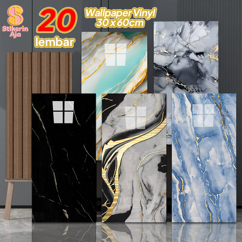 [20 Lembar] Stiker Vinyl Lantai Dinding Anti Air 30x60cm Motif Marble Granit Keramik - Cocok Kamar M