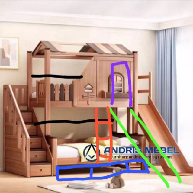 Tempat tidur tingkat anak prosotan kayu jati, Dipan tingkat anak perosotan