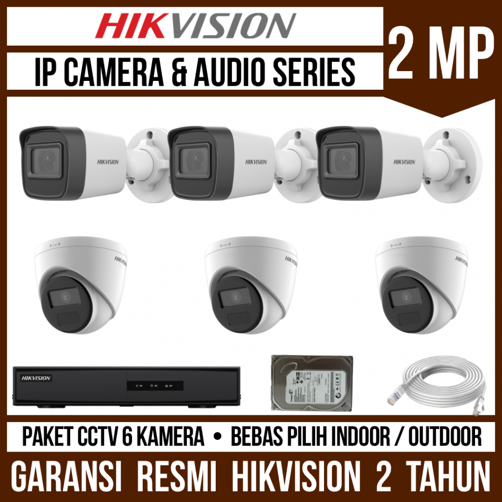 Paket CCTV Hikvision IP Camera 2MP 8 Channel 6 Kamera Audio Series IP Cam