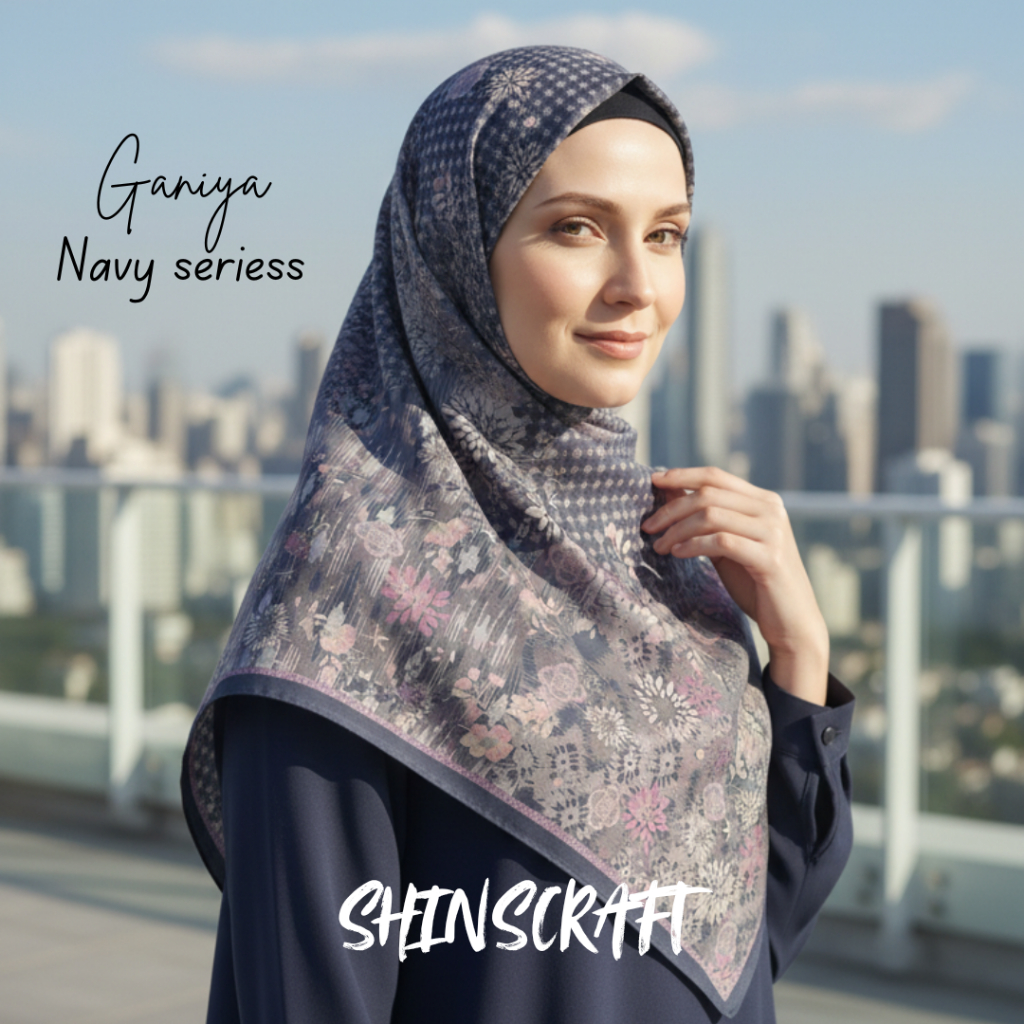 SHINSCRAFT Ganiya Navy Series – Hijab Segi Empat Voal Premium 110x110 Motif Printing Navy Elegan, Le