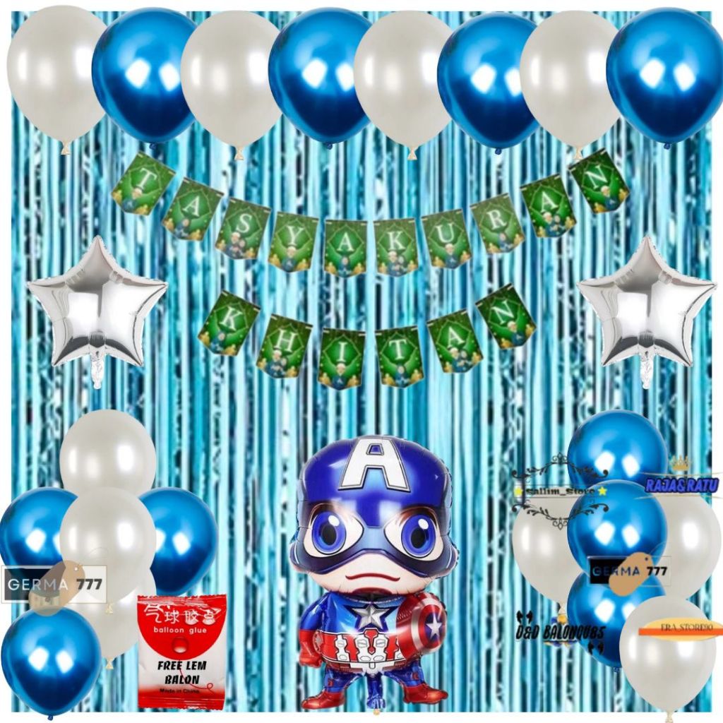 Set Dekorasi Tasyakuran Khitan Anak / Dekor Ultah Acara Khitanan Balon Capten America Tirai Birumuda