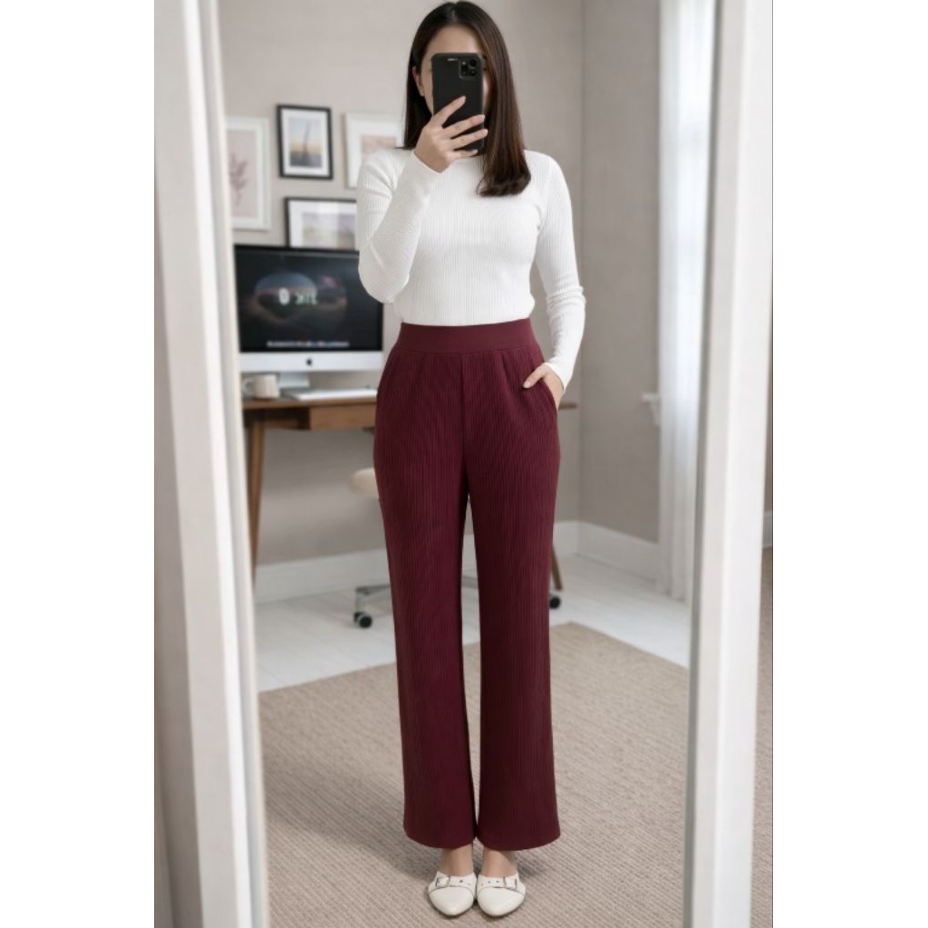 Kulot Knit Wanita Panjang Polos - Celana Panjang High Waist Bahan Jatuh Adem OOTD Hijab - Celana Kul