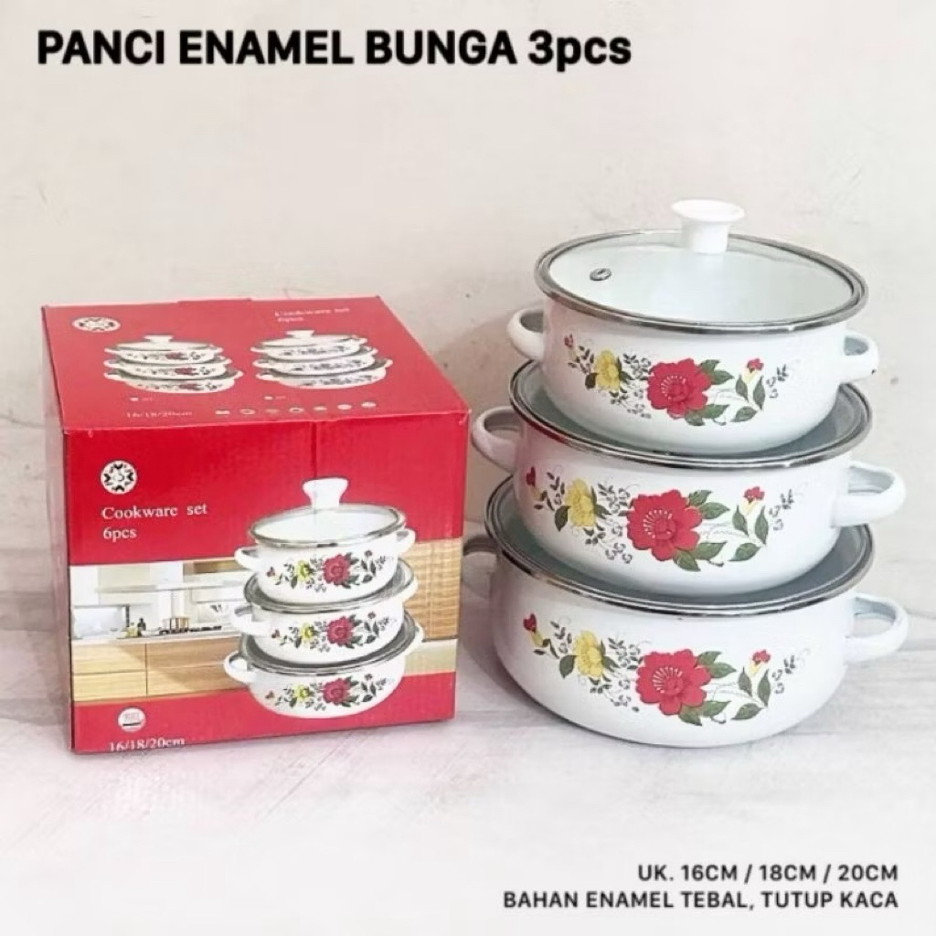 Panci Enamel 3 Susun Motif Bunga Set 16-18-20 cm - Panci Tutup Masak Sayur Souvenir Cantik - Sauce P
