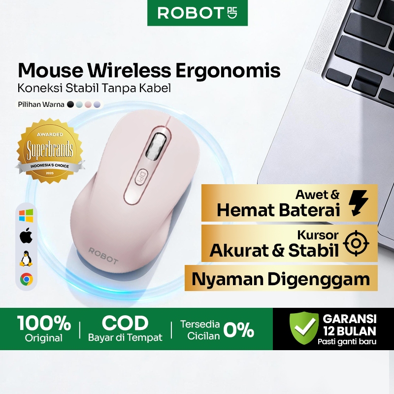 [ BISA PENGIRIMAN INSTAN/SAMEDAY ] ROBOT Official Mouse Wireless Pink 2.4G Grip Nyaman Digenggam Kur