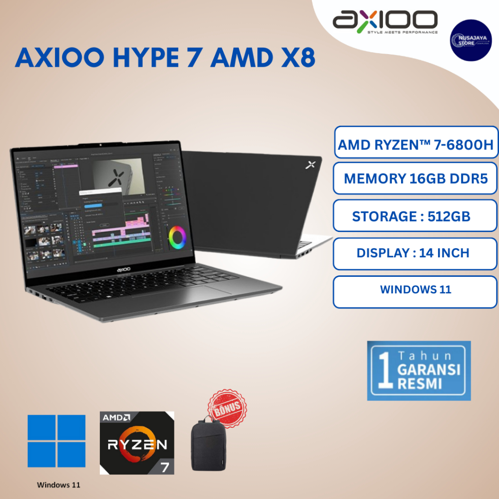 Axioo MyBook Hype 7 X8 AMD Ryzen 7 6800H 16GB SSD 512GB 14FHD W11 PRO