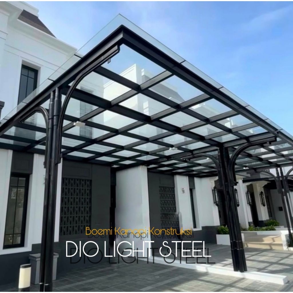 Dio Light Steel Kanopi kaca tempered 8mm Rangka holo tiang WF 150 Baja Besi Transfaran kuat tahan la
