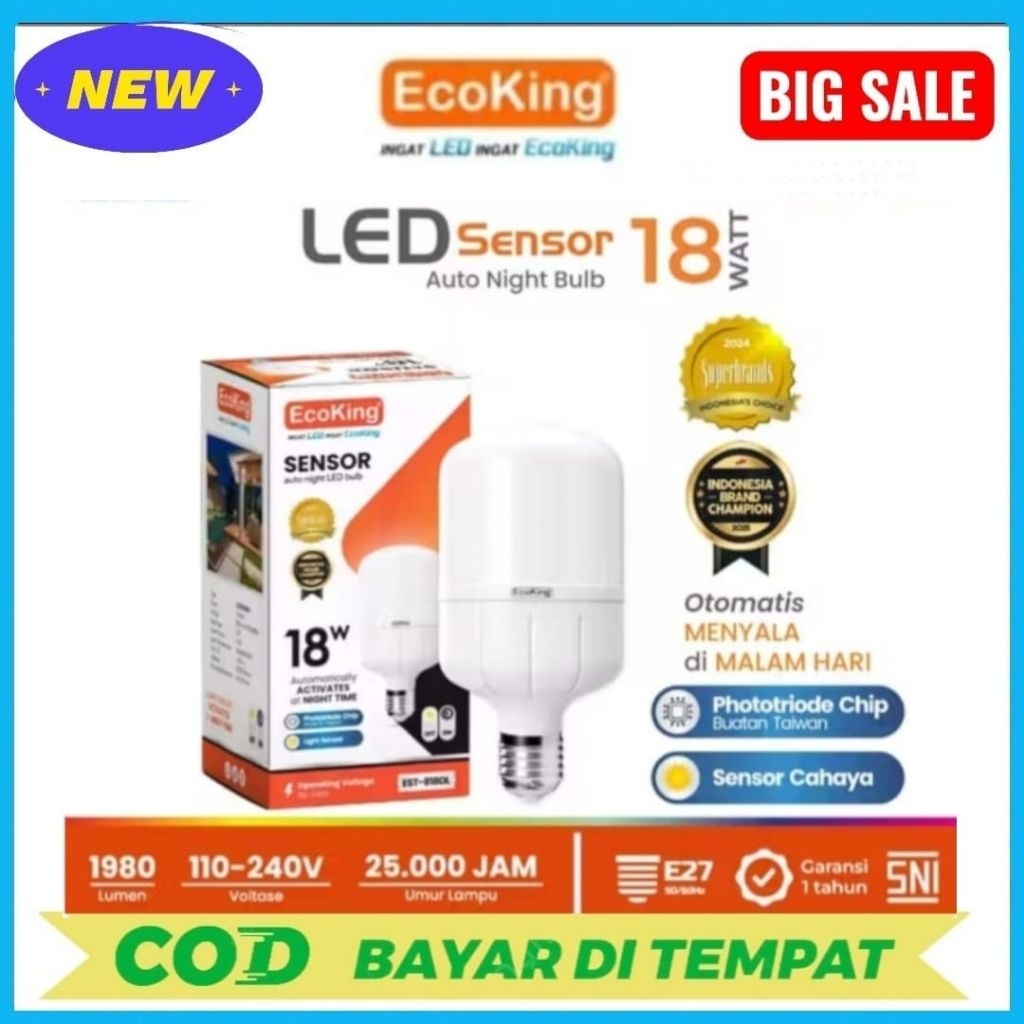 PROMO ECOKING LAMPU BOHLAM LED 18 WATT SENSOR CAHAYA PUTIH ORIGINAL GARANSI RESMI 1 TAHUN