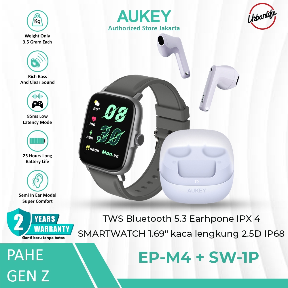 PAHE Paket Hemat AUKEY Untuk Gen Z TWS Bluetooth 5.3 Earhpone Tanpa Kabel + AUKEY SMARTWATCH 1.69" D