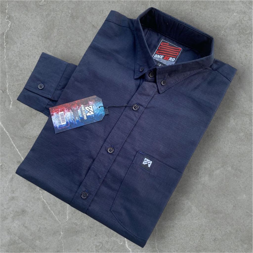Kemeja Hem Kerah Kra Pria Dewasa Polos Warna Navy Biru Dongker Lengan Panjang