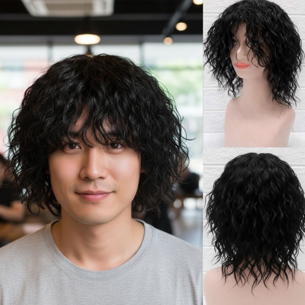 Wig Pria Rambut Pendek Keriting Begelombang Model Harajuku Korea Kode Wig i panjang