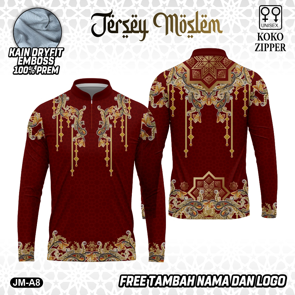 Baju muslim lebaran kaos jersey islami model zipper terbaru kain EMBOS lengan panjang