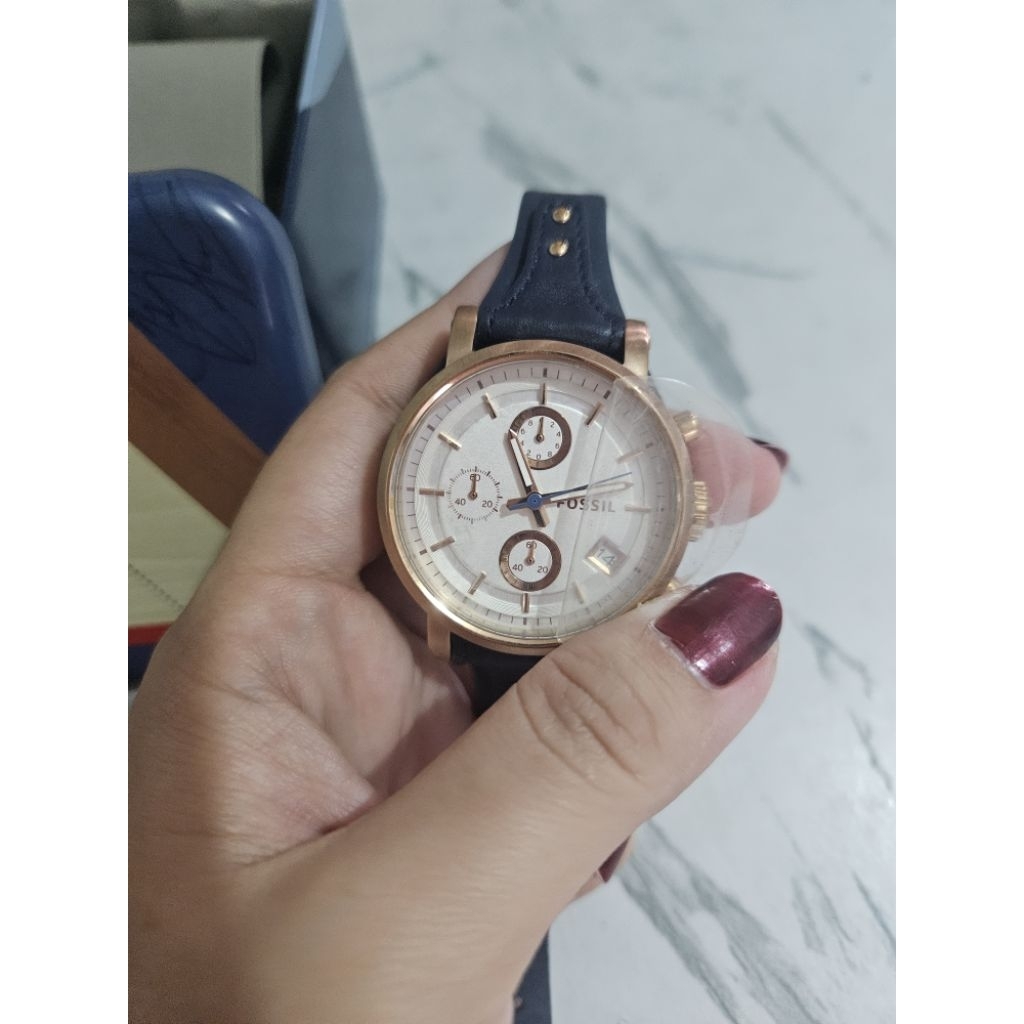 Preloved Like New Fossil ES3838 Boyfriend Chronograph Silver Dial Blue Leather Strap Watch
