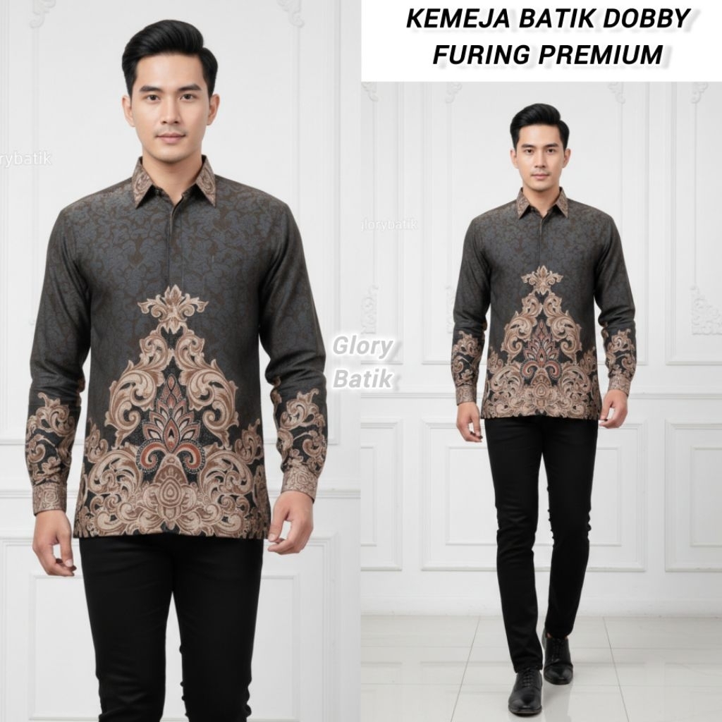 Batik Dobby Pria Furing Premium | Atasan Batik Dobby Lengan Panjang | Baju Batik bahan Dobby lapis F