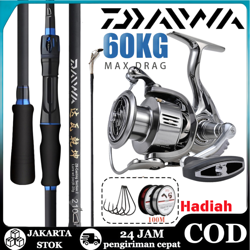 DAIWA Set Joran Pancing Spinning Warna Biru Lengkap Ikan Bass Max Drag 50kg Reel 5.2:1/4.9:1