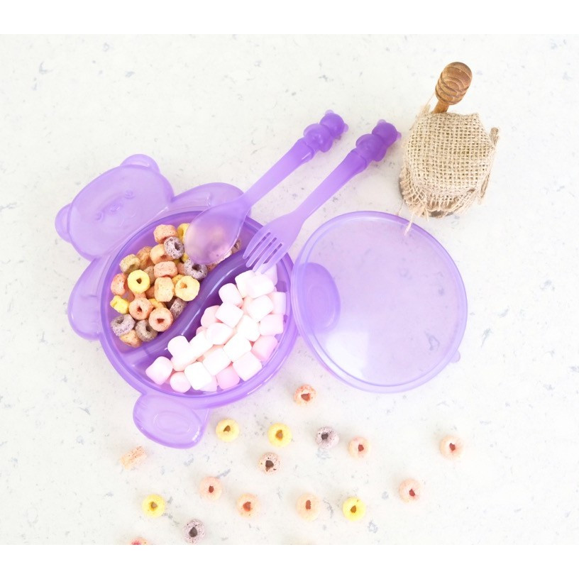 I.Q. BABY Tempat Makan / Piring dengan Sendok Garpu dan Tutup Motif Beruang | Piring Anak | Piring M