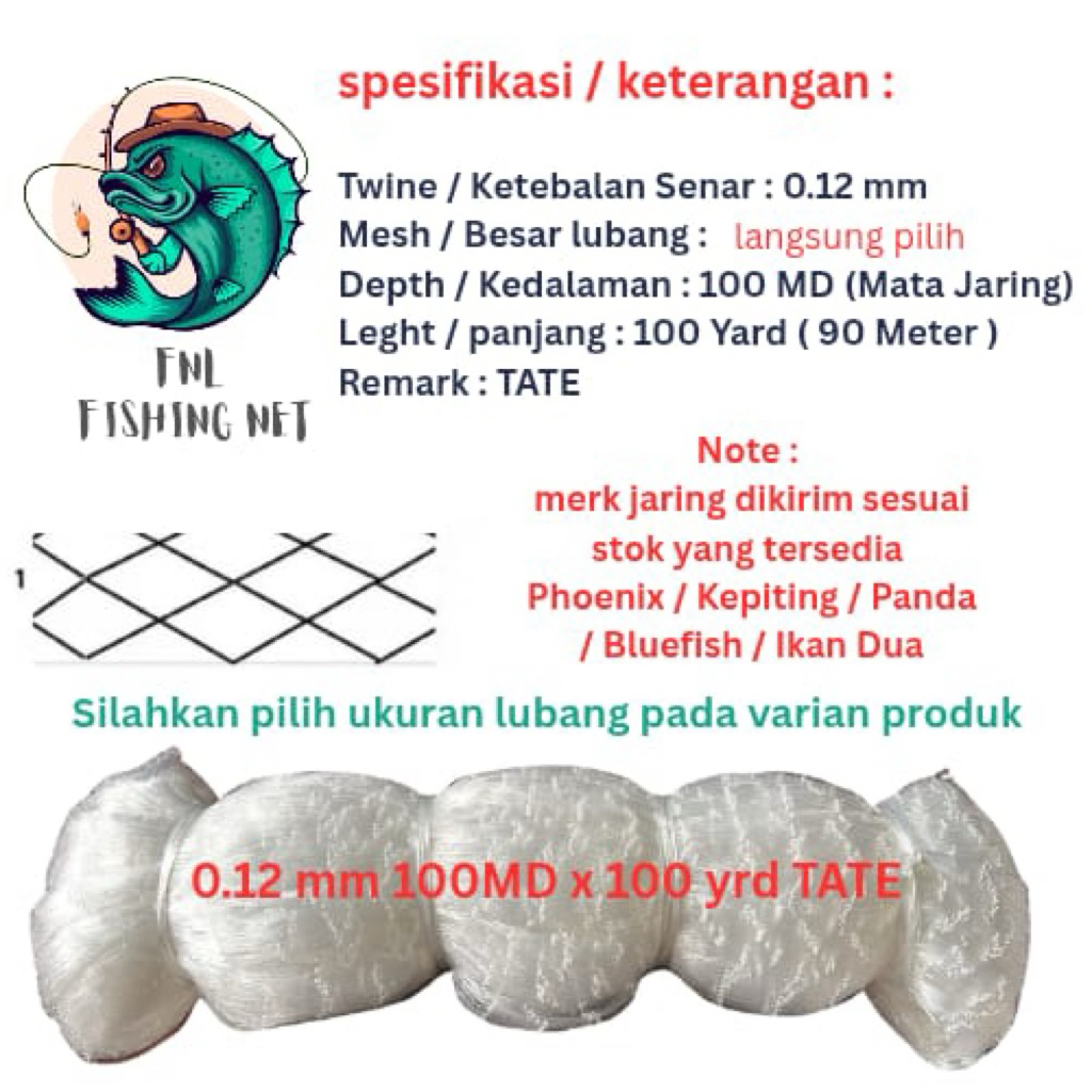jaring ikan bahan senar TATE Bonus benang nilon  0,12mm 100 x 100 (lubang langsung pilih)