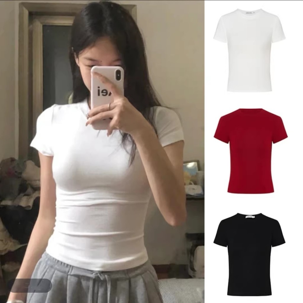 BASIC CROP TOP SLIM FIT LENGAN PENDEK KAOS CROP TEE Crop Top Baju Wanita Crop Top Korea Crop Tee