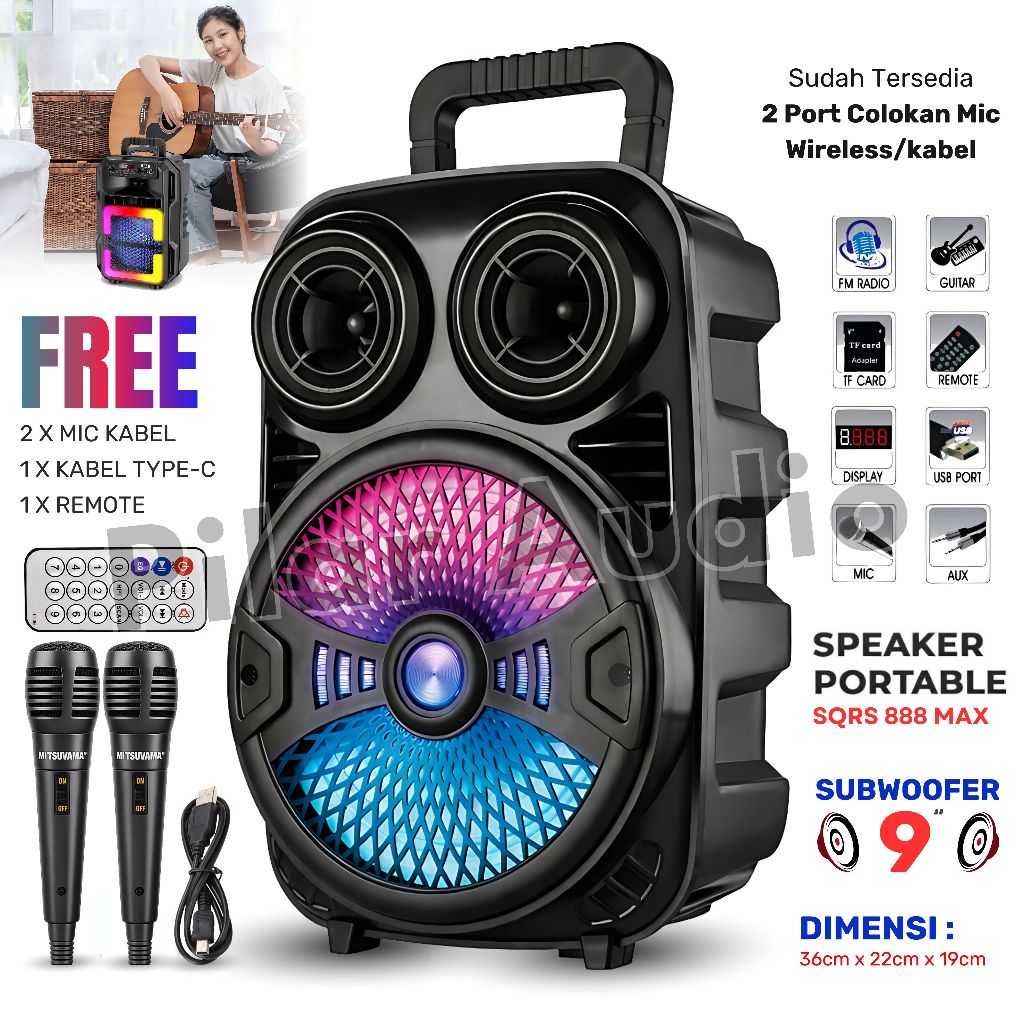 Speaker Bluetooth SQRS 885 MAX LED 9 Inch Free 2 Mic Kabel Wireless Karaoke + Remote - Speaker Karao