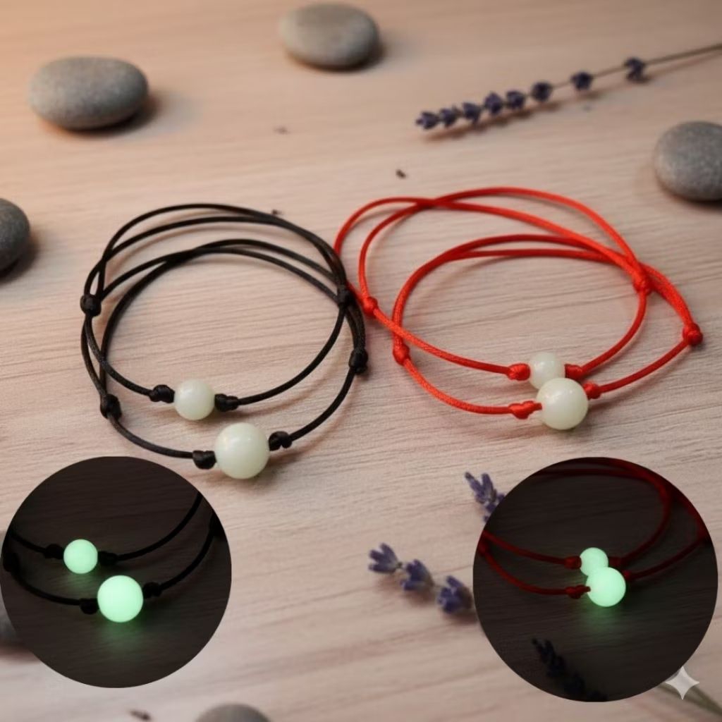 Gelang simpel batu akik posfor asli menyala dalam gelap tali merah 8 dan 10mm