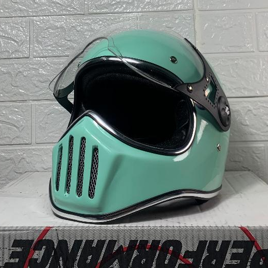 Helm Cakil Retro Custom Green Relax Lengkap Visor