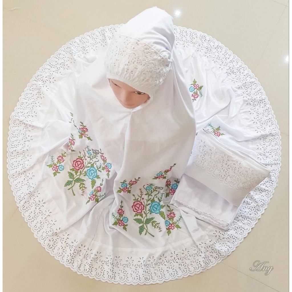 Mukena Khadijah Bordir Strimin ( Kristik ) bahan Katun Mikro Khas Bukittinggi / Padang