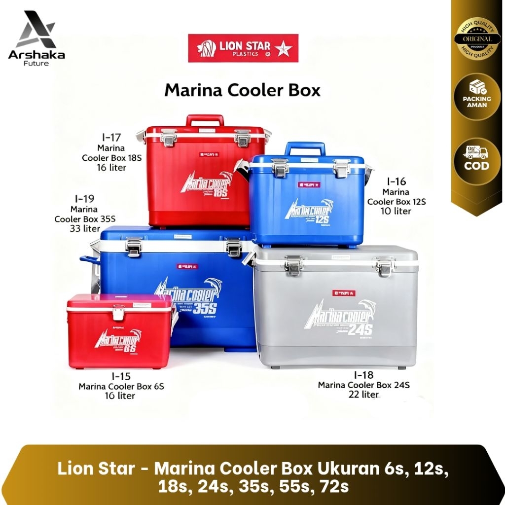 Lion Star - Marina Cooler Box 6s, 12s, 18s, 24s, 35s, 55s, 72s, Cooler Box Tebal, Tempat Es, Tempat 