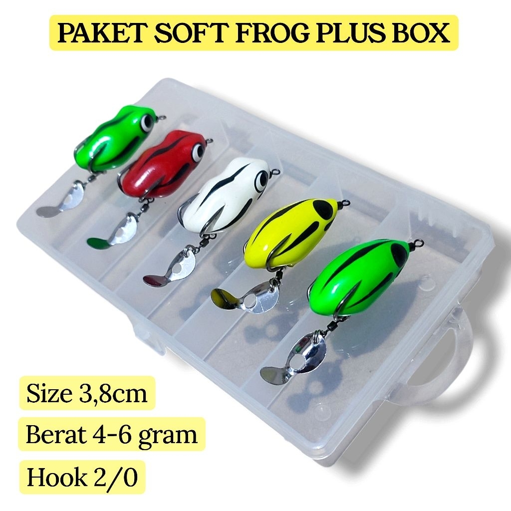 PAKET 5PCS SOFT FROG PLUS BOX. paket umpan casting gabus. paket lure casting haruan