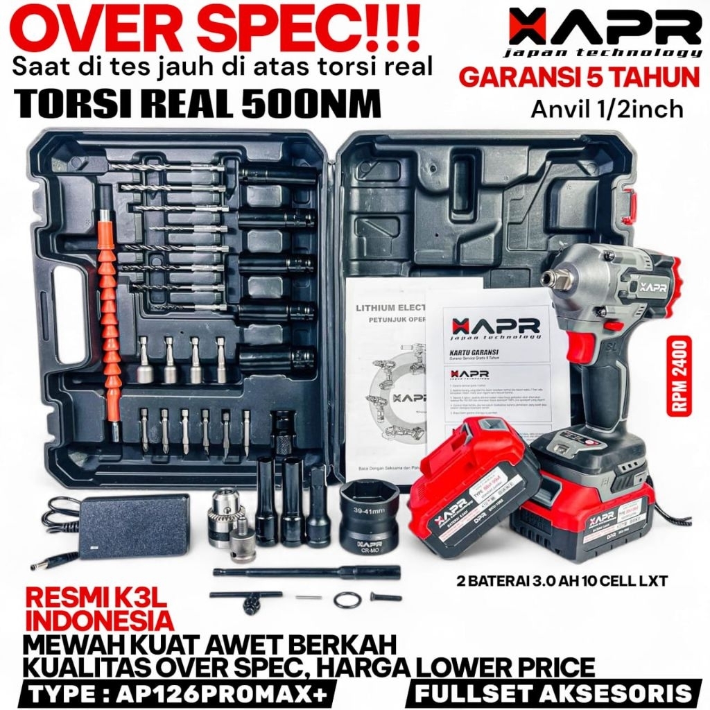 NEW IMPACT WRENCH APR AP126PROMAX+ CVT 500-1000NM BOR BODY KECIL TENAGA JUMBO FULLSET 2 BATERAI