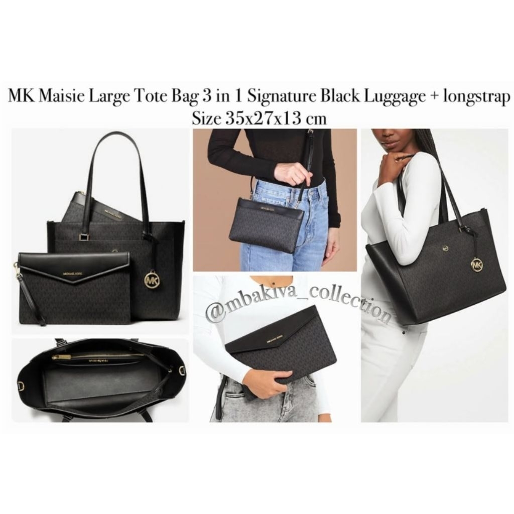 MK Maisie Large Tote Bag 3 in 1 Signature Black Luggage + longstrap