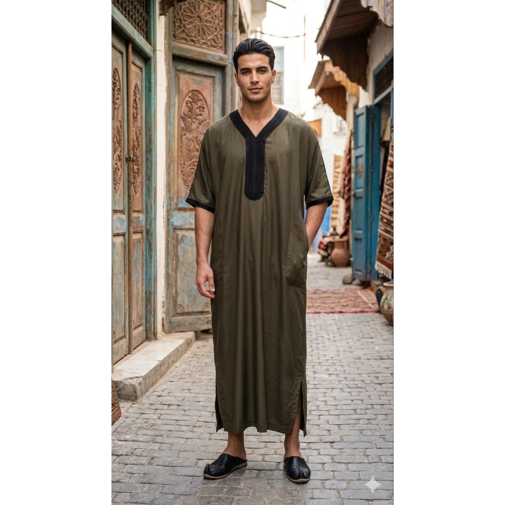 Gandoura Baju Umroh Gamis Kaftan Maroko Pria Hijau Army