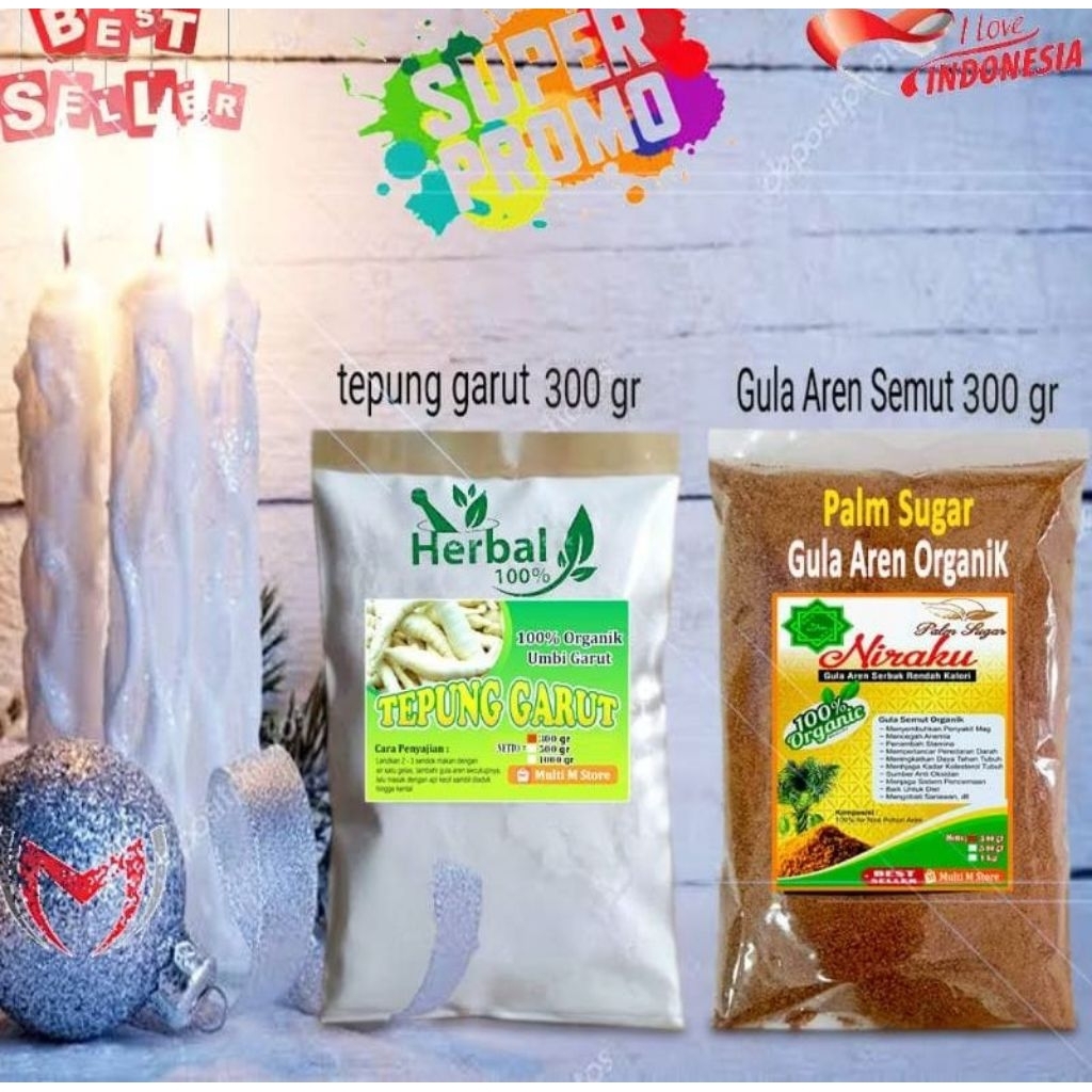 PAKET 300 Gram Tepung Pati Garut Premium | 300 Gram Gula Aren Semut Alami Dan Murni