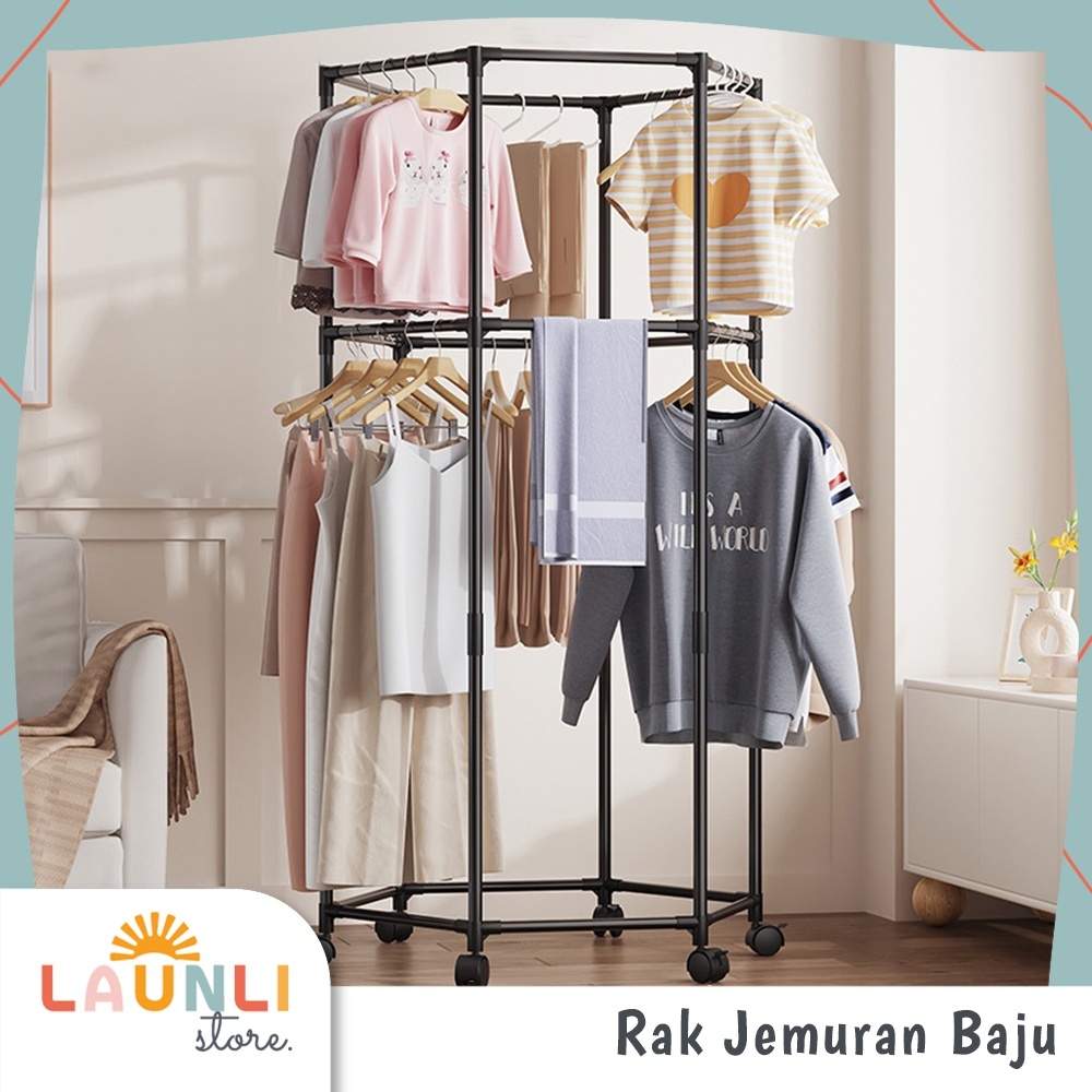 Stand Hanger Gantungan Baju Roda Rak Jemuran Pakaian Dorong Besi