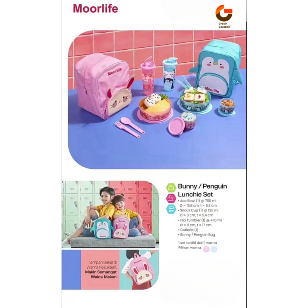 MOORLIFE bunny lunch set (tas sekolah, lunch box, botol)