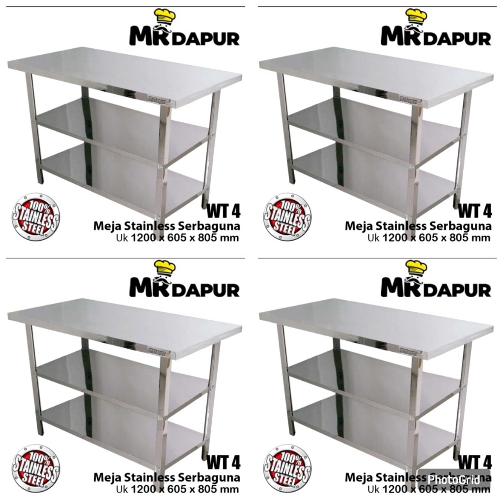 Paket 4 Meja Stainless 3 Rak Type WT4 Mr. Dapur / MEJA DAPUR STAINLESS / MEJA DAPUR MBG