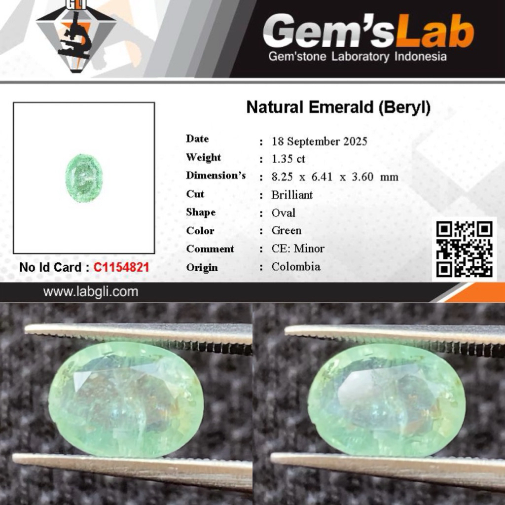 1,35 cts Natural Colombia Emerald Beryl (Zamrud) CE Minor Memo GLI