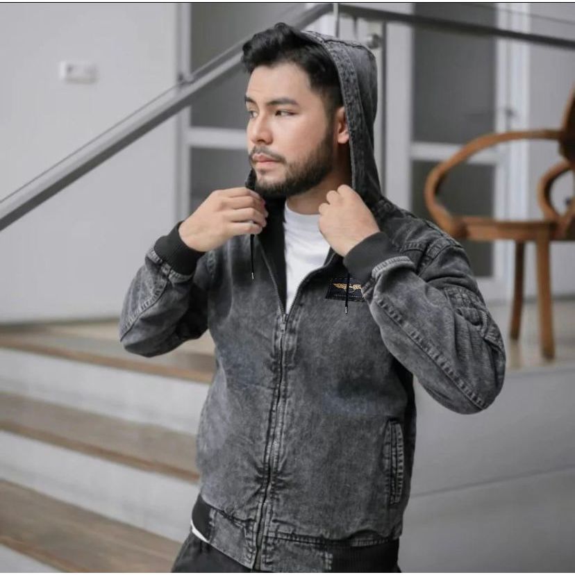 Jaket Jeans Bomber Polos kupluk | Jaket Jeans Pria Berkualitas Size M L XL XXL