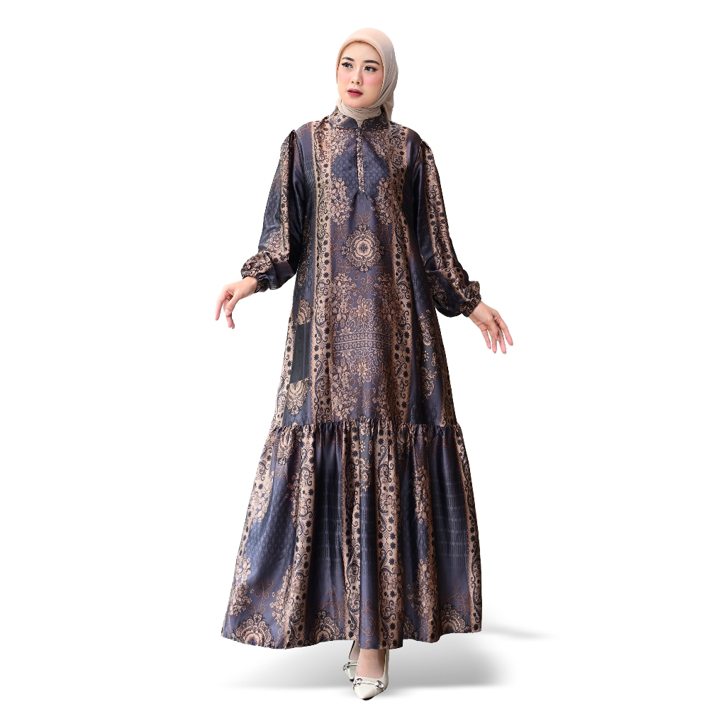 DRES SILK PREMIUM MOTIF TERBARU TANGAN BALON BUSUI DRESS MUSLIM WANITA KEKINIAN