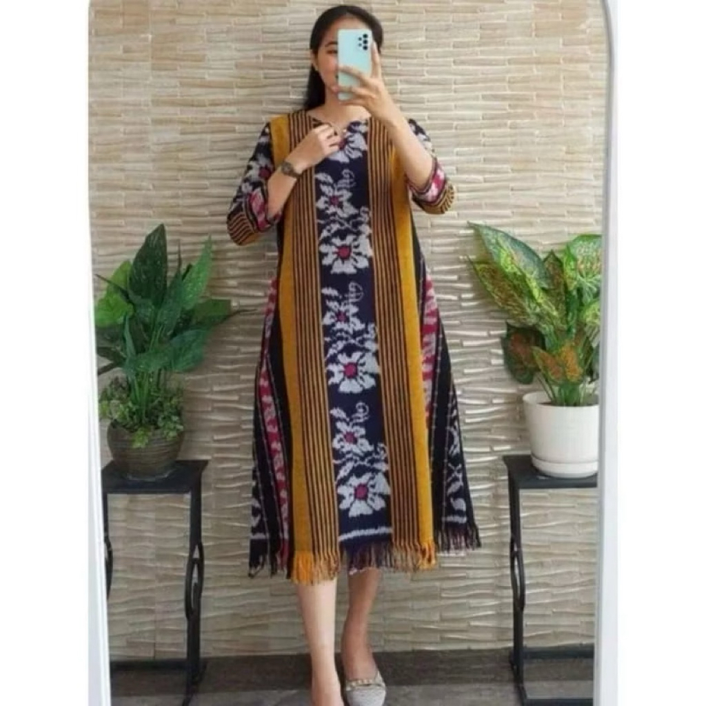 BAJU DRESS TENUN IKAT TUNIK, BAJU TENUN IKAT PANJANG KEKINIAN