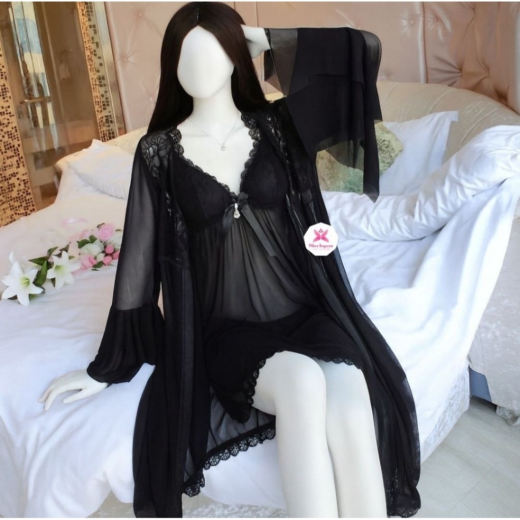 Set Kimono Transparan Free Gstring SKT02 Set Kimono Lingerie Adem Halus Lembut Tidak Gatal Kimono Li