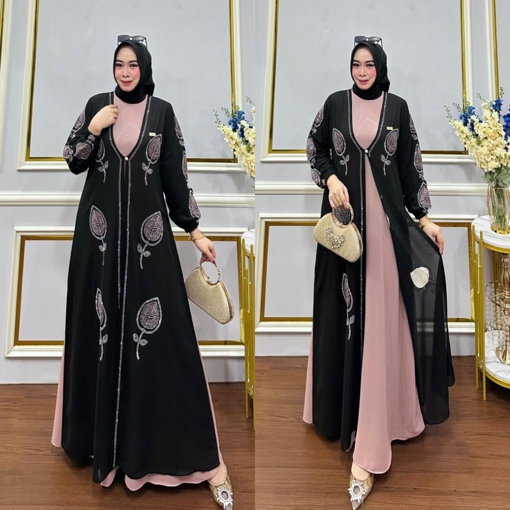 BISA COD//ABAYA MAWAR BORDIR MIX PAYET SET HIJAB PASMINA dan OUTER*