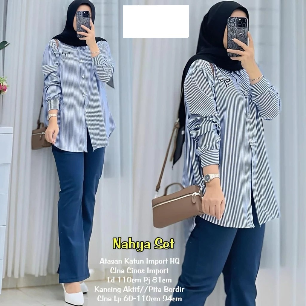 (( READY BISA COD )) DELLA HAZELL SET CELANA JEANS ORI BY VINSTORE // BAJU KEMEJA KATUN SALUR GARIS 