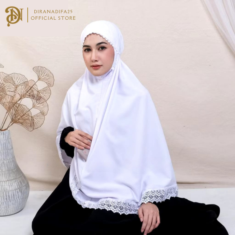 Diranadifa25 Bergo Umroh Haji Bahan Katun Premium Hijab Jumbo Bersaku Depan Renda Mewah Putih Hitam