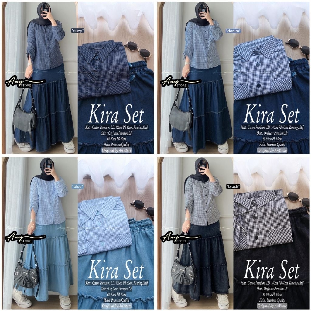 kanva aluna vinya one set rok jeans by A.N.Y kemeja stripe wanita baju blouse garis garis rok panjan