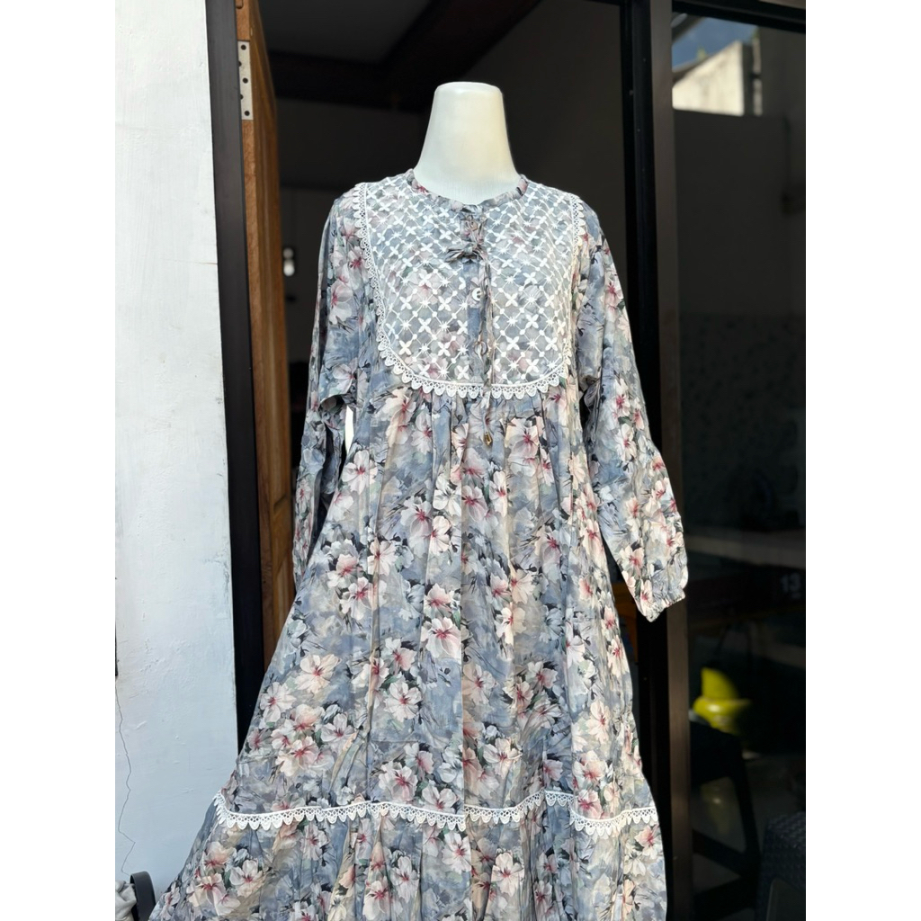Gamis Rayon Floral (Biru Brokat/Standar)