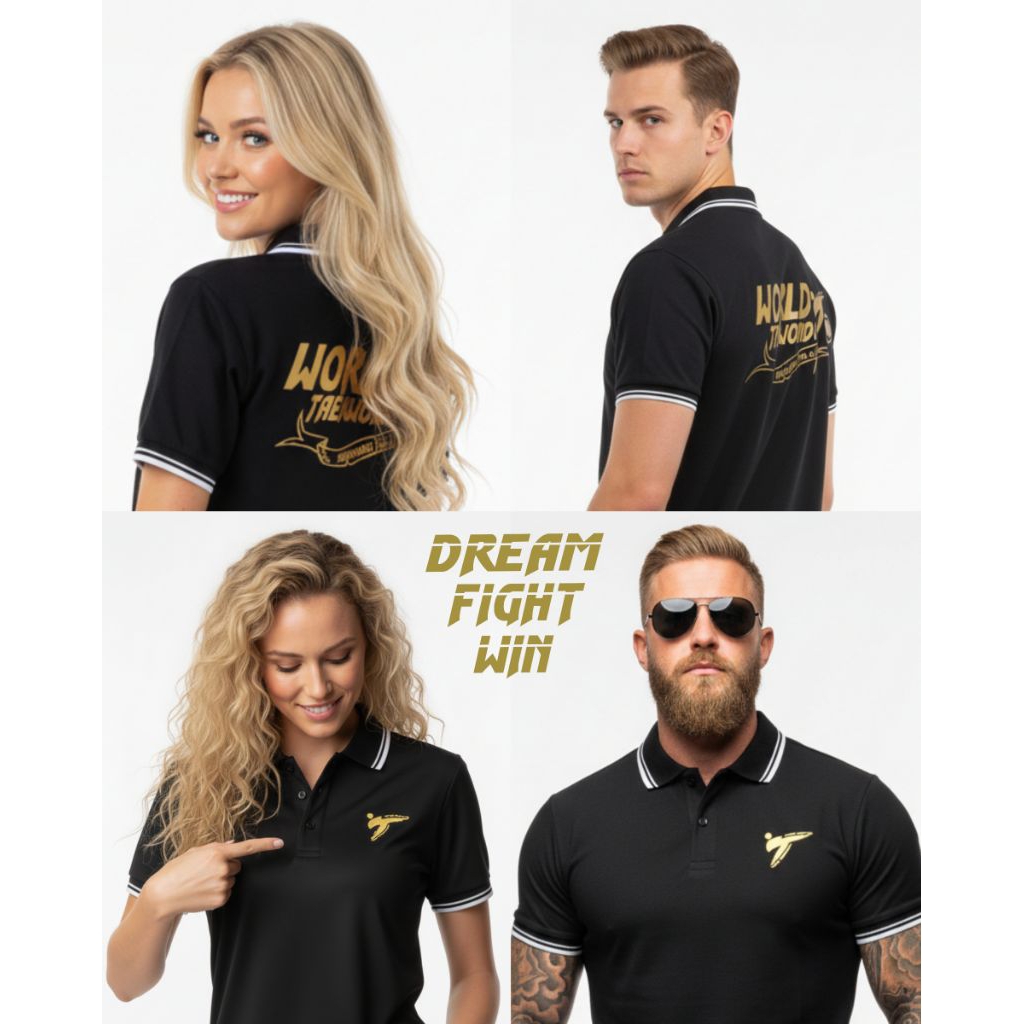 polo shirt world taekwondo hitam gold dan putih kaos berkerah