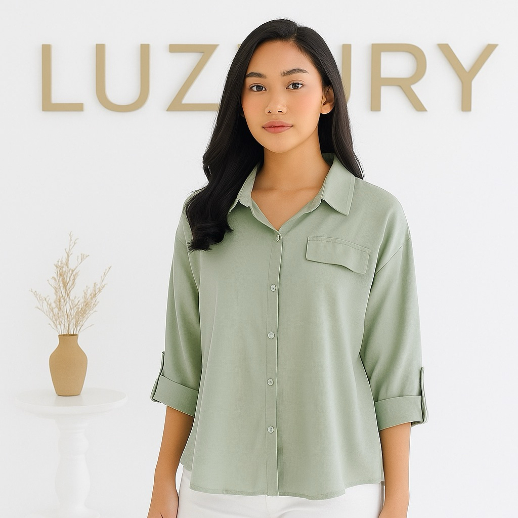 LUZZURY Kemeja Wanita Lengan Panjang Hijau Sage