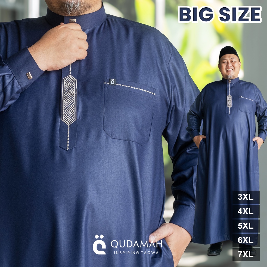 QUDAMAH | Jubah Qaid Jumbo Bordir Lengan Panjang Manset Kancing Snap Bahan Katun Premium Size XXXL X