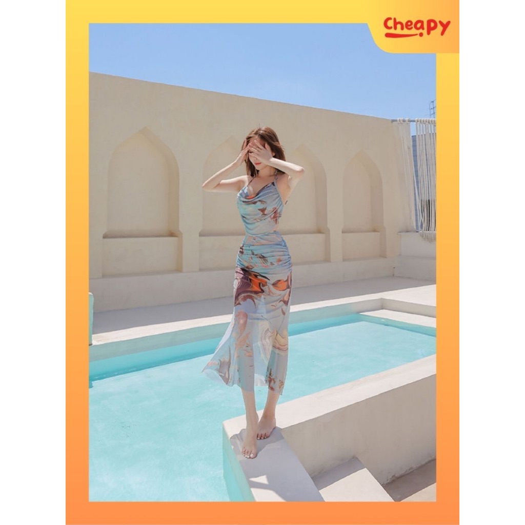 Bikini Swimsuit Beachwear Three Piece Wanita High Waist Motif Abstrak Gaun Outer Biru Panjang Fashio